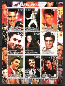 Tadjikistan, 2001 Russian Local. Singer Elvis Presley sheet of 9. ^