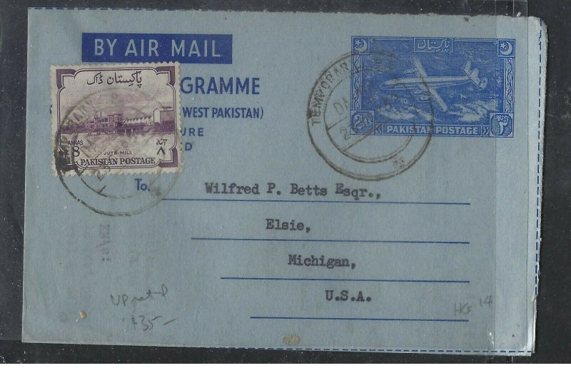 PAKISTAN  (P0209B) 1959 2A AEROGRAM+8A TEMPORARY CANCEL TO USA