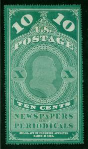 US  1865 NEWSPAPER STAMPS - FRANKLIN 10c green Scott # PR2b mint  XF - signed