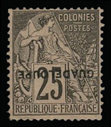 French Colonies, Guadeloupe #21b Cat$225, 1891 25c black, inverted overprint,...