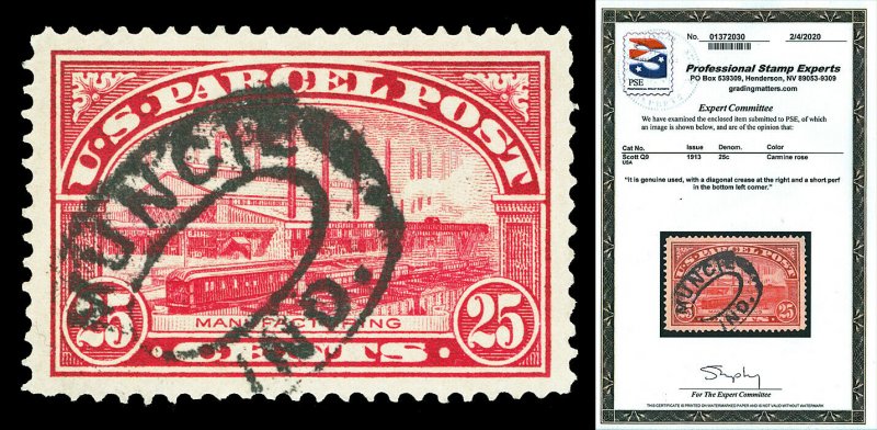 Scott Q9 1913 25c Parcel Post Issue Used XF Small Faults with PSE CERTIFICATE!