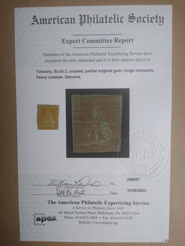 XL item Italy Tuscany 2 mint APS cert CV $17,250
