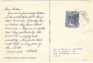 ANDORRA Sp. cover postmarked 25 July 1958 - Dear Doctor postcard to USA -Abbott