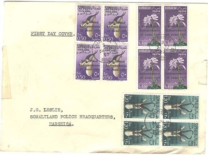 Somalia 1960 Independence ovpt set fu in blocks of 4 (on cover cancelled 1st d