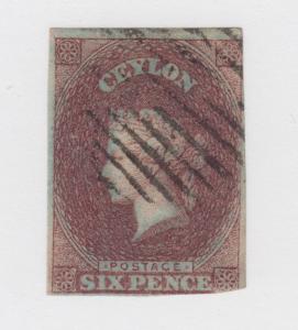 Ceylon Sc 2 used 1857 6p plum Queen Victoria on blued paper, wmk Large Star