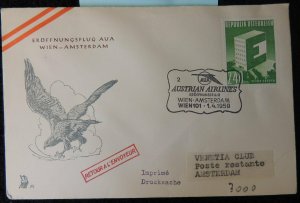 Austria 1959 FDC europa austrian airlines vienna to amsterdam birds of prey