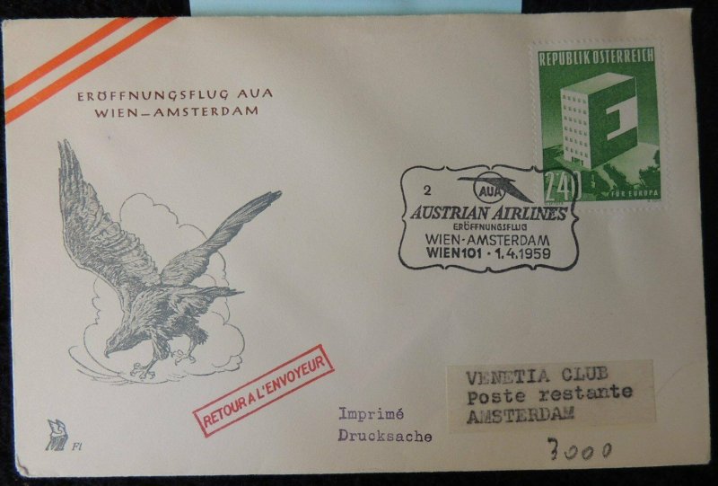 Austria 1959 FDC europa austrian airlines vienna to amsterdam birds of prey