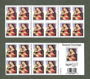 1999 Vivarini Christmas Madonna Booklet Pane Of 20 33c Stamps, Sc# 3355, MNH, OG