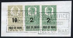 Isle of Man KGVI 10/- + 2 x 2/- Key Plate Type Revenues CDS on Piece