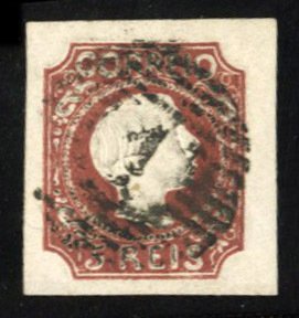 Portugal #5 Cat$900, 1855 5r red brown, used, thin