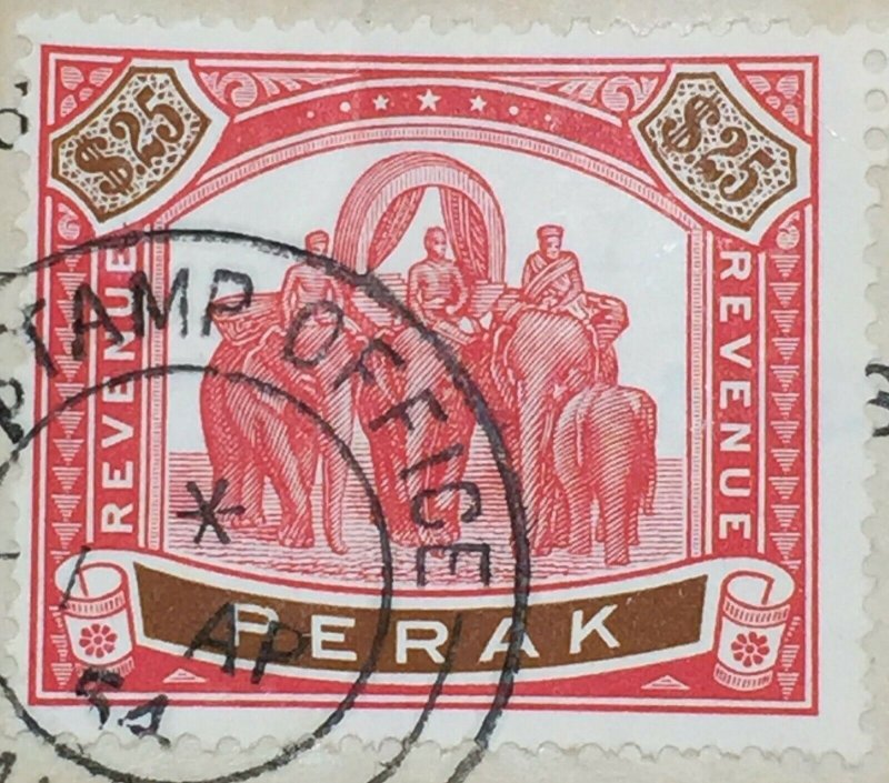 RARE MALAYA PERAK 1950 Elephants & Howdah $25 REVENUE Used M2809