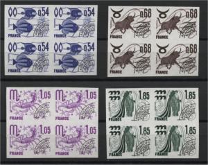 FRANCE, PRECANCEL / PREO 1977 ZODIAC IMPERFORATED BLOCK OF 4