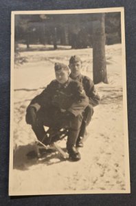 WW2 German Luftwaffe Comrades Sleigh Ride Sledding Fun Photo Postcard RPPC