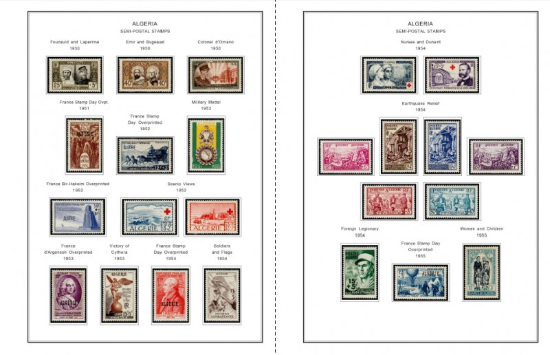 COLOR PRINTED FRENCH ALGERIA 1924-1958 STAMP ALBUM PAGES (29 illustrated pages)