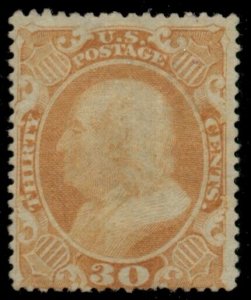 US #38, 30¢ orange, unused no gum, F/VF, Scott for no gum $700.00