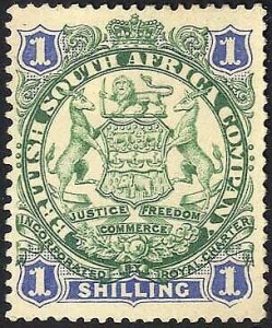 Rhodesia SG35 1/- Green and Blue Mint (part gum) Cat 29 pounds