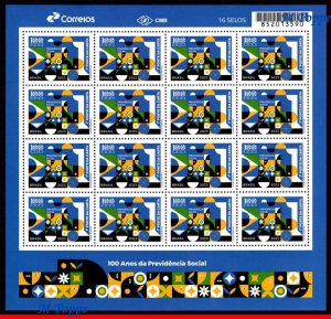 23-01 BRAZIL 2023 SOCIAL SECURITY - 100 YEARS, RAILROAD, TRAINS, SHEET MNH