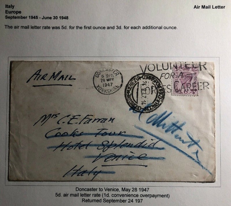 1947 Doncaster England Commercial Airmail  Cover To Venice Italy