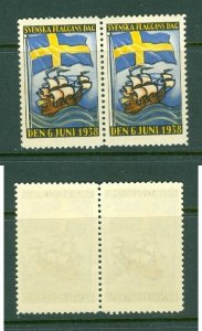 Sweden Poster Stamp Pair Mnh. 1938  National Day June 6. Swedish Flag,Sail Ship