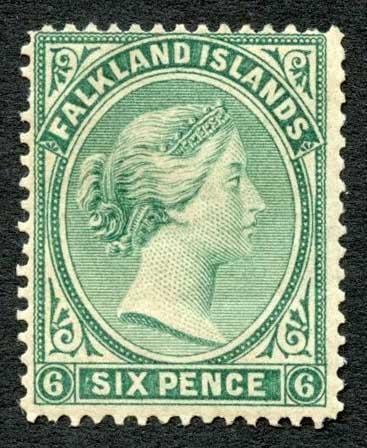 Falkland Is SG3 6d Blue-green No Wmk M/M (gum bend) Cat 120 pounds 