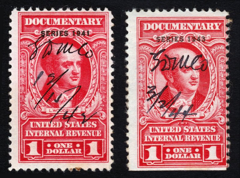 US STAMP REVENUES ⭐ LOT OF 2 ⭐ SCOTT #R323 & #R373 $1 L WOODBURY 1941/1943 USED