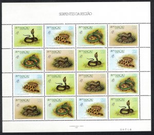 Macao SC#592-595 Snakes Cobra & Viper SHEET of 16 (1989) MNH