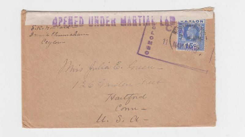 CEYLON -USA 1915 CENSOR COVER, BOXED H/S+MARTIALLAW H/s, 15c RATE(SEE BELOW)