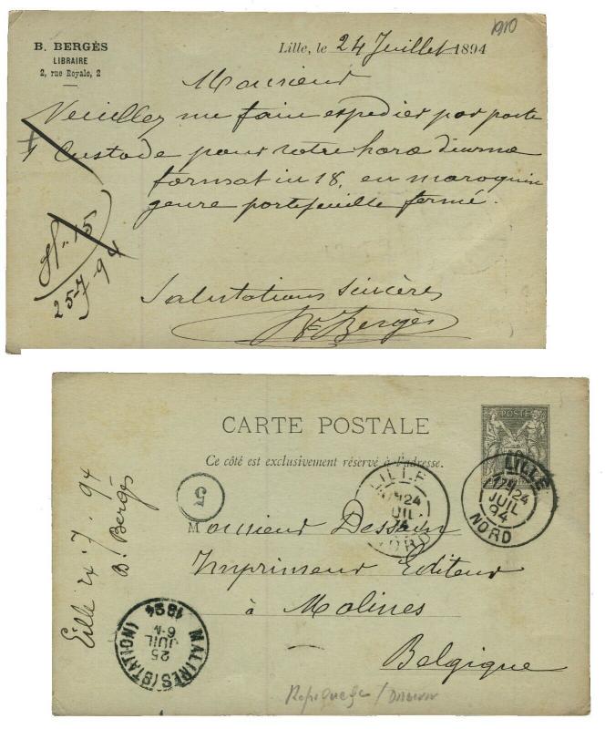 FRANCE 1894 Daguin de Lille sur entier CP 10c Sage repiqué (Librairie Bergès)