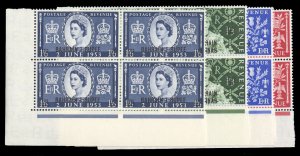 Bahrain #92-95 Cat$61, 1953 Coronation, complete set in blocks of four, never...