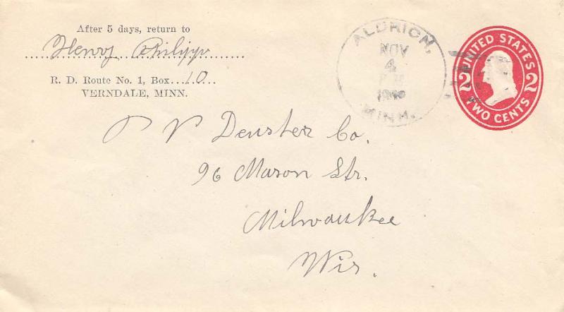United States Minnesota Aldrich 1909 doane 3/3  Postal Stationery Envelope.
