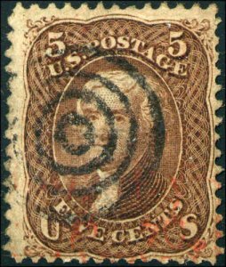 1868 US Stamp #95 5c Used F Grill Catalogue Value $850 Certified 