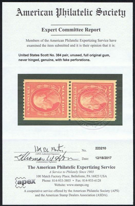REFERENCE SCOTT #386 MINT OG NH APS CERT READ YELLOW LISTING  IF GENUINE $600