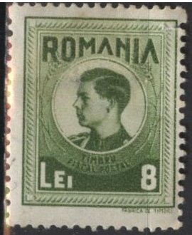 Romania RA30 (mhr filler, tear, thin) 8L King Michael, yel grn (1943)