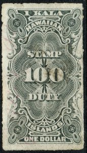 [0905] HAWAII 1877 Scott#R3 used $1 black REVENUE cv :$13