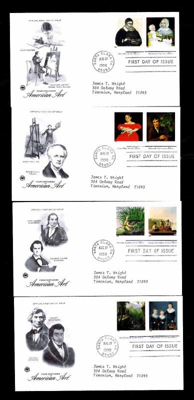 1998 U.S. 4 CENTURIES OF AMERICAN ART FDC - LOT OF 10 - VF - CV$12.50 (ESP#4393)