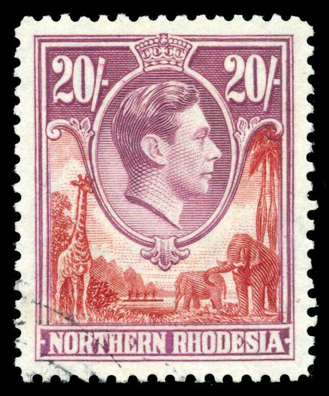 Northern Rhodesia 1938 KGVI 20s carmine-red & rose-purple VFU. SG 45. Sc 45.