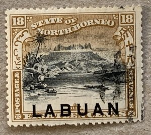 Labuan 1897 18c Kinabulu olive brown, but thinned.  Scott 83, CV $2.40. SG 99a