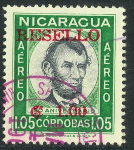 NICARAGUA 1962 1cor on 1.05cor LINCOLN SURCHARGED Airmail Sc C500 VFU