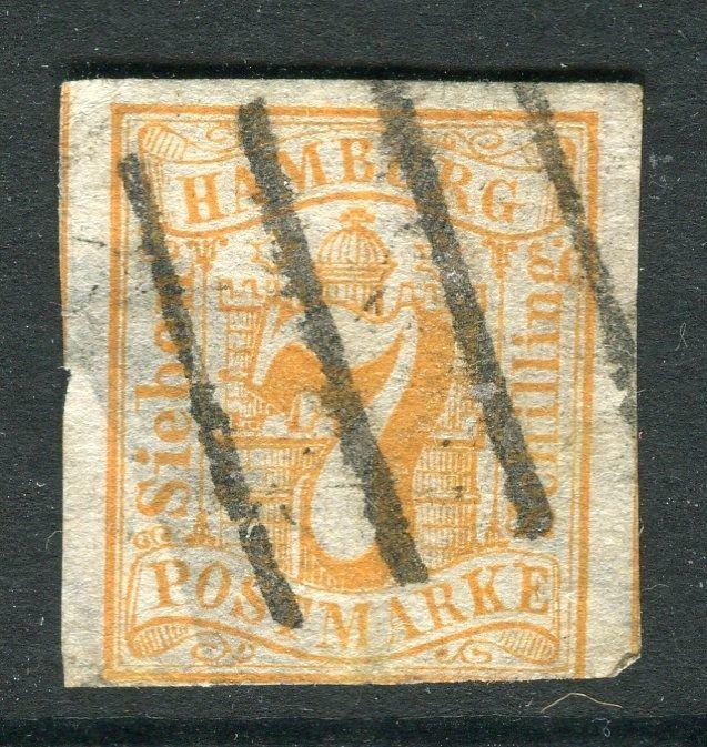 GERMANY  HAMBURG;   1859 classic Imperf issue 7s. used value, hinge thin