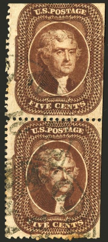 Scarce Stamps US #30 5c Orange Brown 1860 Used Vertical Pair Fresh CV $3,500+