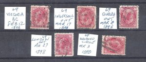 CANADA # 69 5 STAMPS WITH 1898 SOCKED-ON-NOSE DATED CANCELS BS25696