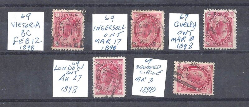 CANADA # 69 5 STAMPS WITH 1898 SOCKED-ON-NOSE DATED CANCELS BS25696