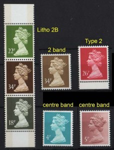 GB 1971 to 1992 difficult Machins: Litho 18p, 22p, 34p 2 band: photogravure 4p