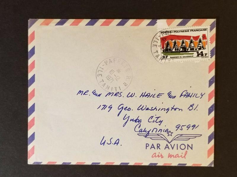 1971 Papeete Tahiti French Colony to Yuba City California USA Air Mail Cover