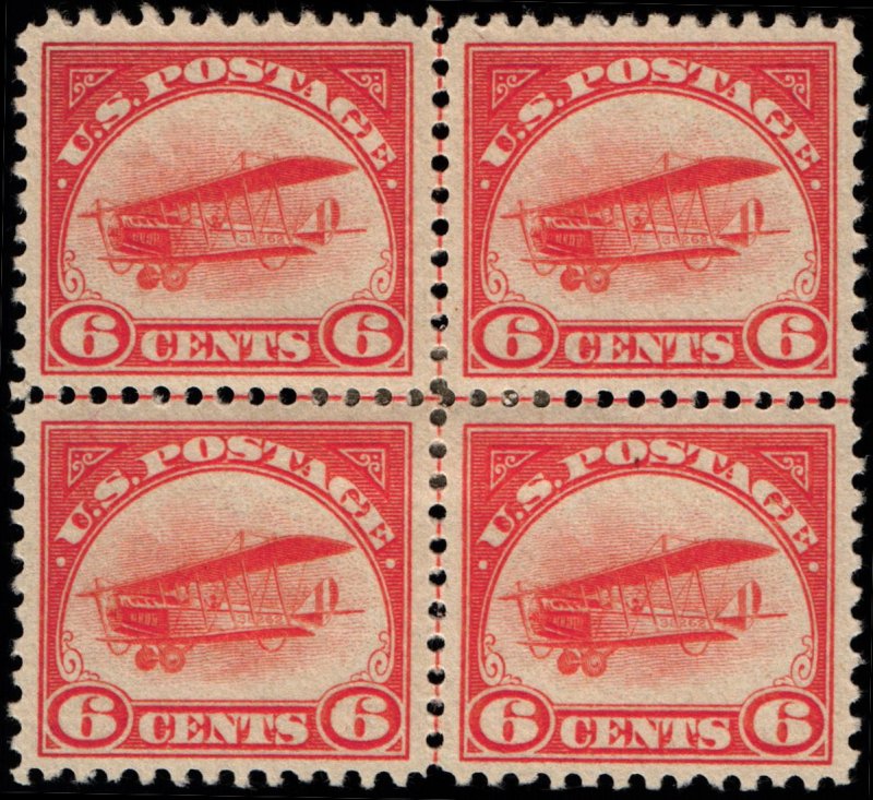 US Scott #C1 - VF - OG - 6c Curtiss Jenny - Center Line Block - Orange - 1918