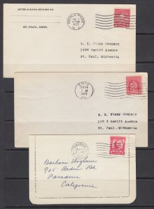 US Sc 654, 680, 690 FDC. 1929-31 2c reds, 3 different, no cachets, clean, F-VF