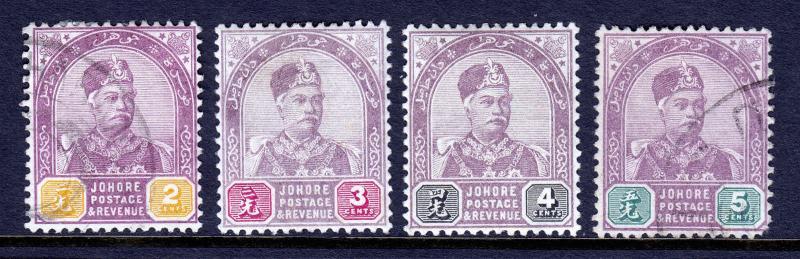 MALAYA (JOHORE) — SCOTT 19//22 (SG 22//25) — 1891 SULTAN ISSUE — M/U —SCV $28.25