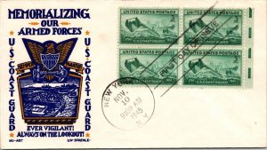 FDC 1945 SC #936 Staehle Cachet - New York, Ny - Block of 4 - F60534