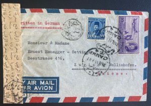 1949 Cairo Egypt Censored Airmail cover To Zurich Switzerland