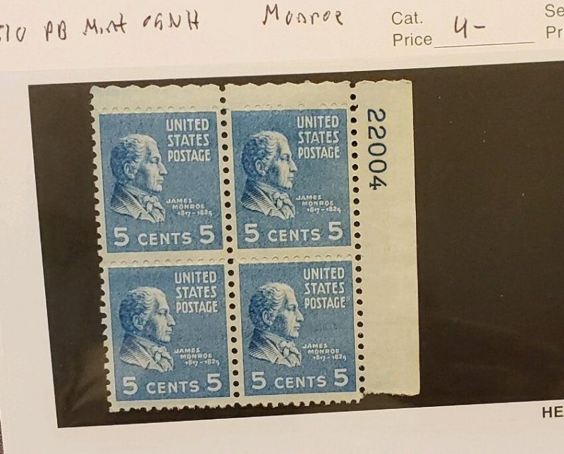 810, Monroe, Plate Block UR, Mint OGNH, CV $4.00